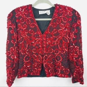 Vintage 80s Black Tie He-Ro Sequin Beaded Jacket